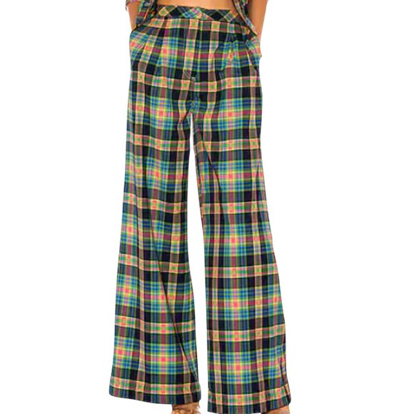 GRLFRND Loren Plaid Wide Leg Pants Blue Pink Size Small Pockets - Picture 1 of 10